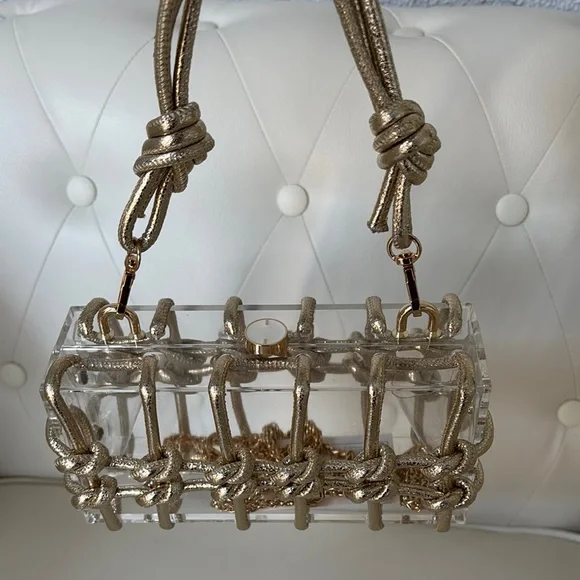 Gold Braided, Gold chain, Two Way Box Clutch & Shoulder Bag, Transparent bag. Mini Bags
